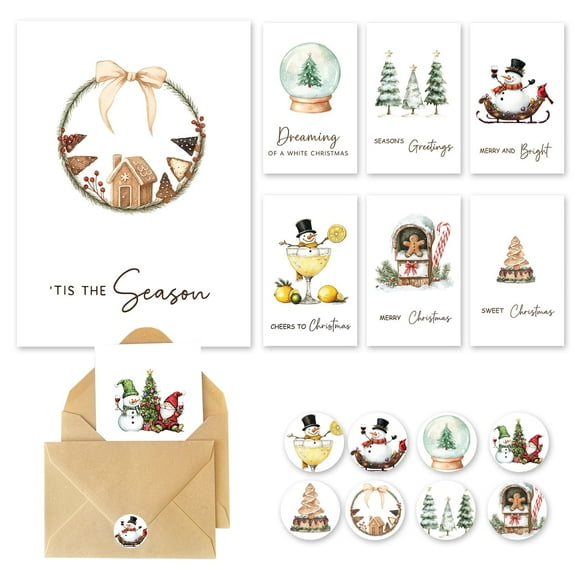 C2U Christmas Cards with Envelopes & Stickers – 24 pack 4"x6" Rustic Holiday Greeting Card Set with 8 Festive Designs for Family, Friends, and Teachers