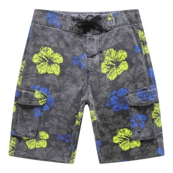 Men's Beach Wear Board Shorts with Pocket in Stone Wash Vintage Black Floral 42