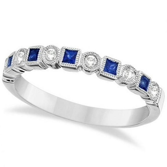 Princess Cut Blue Sapphire and Diamond Ring Band 14k White Gold (0.40ct)