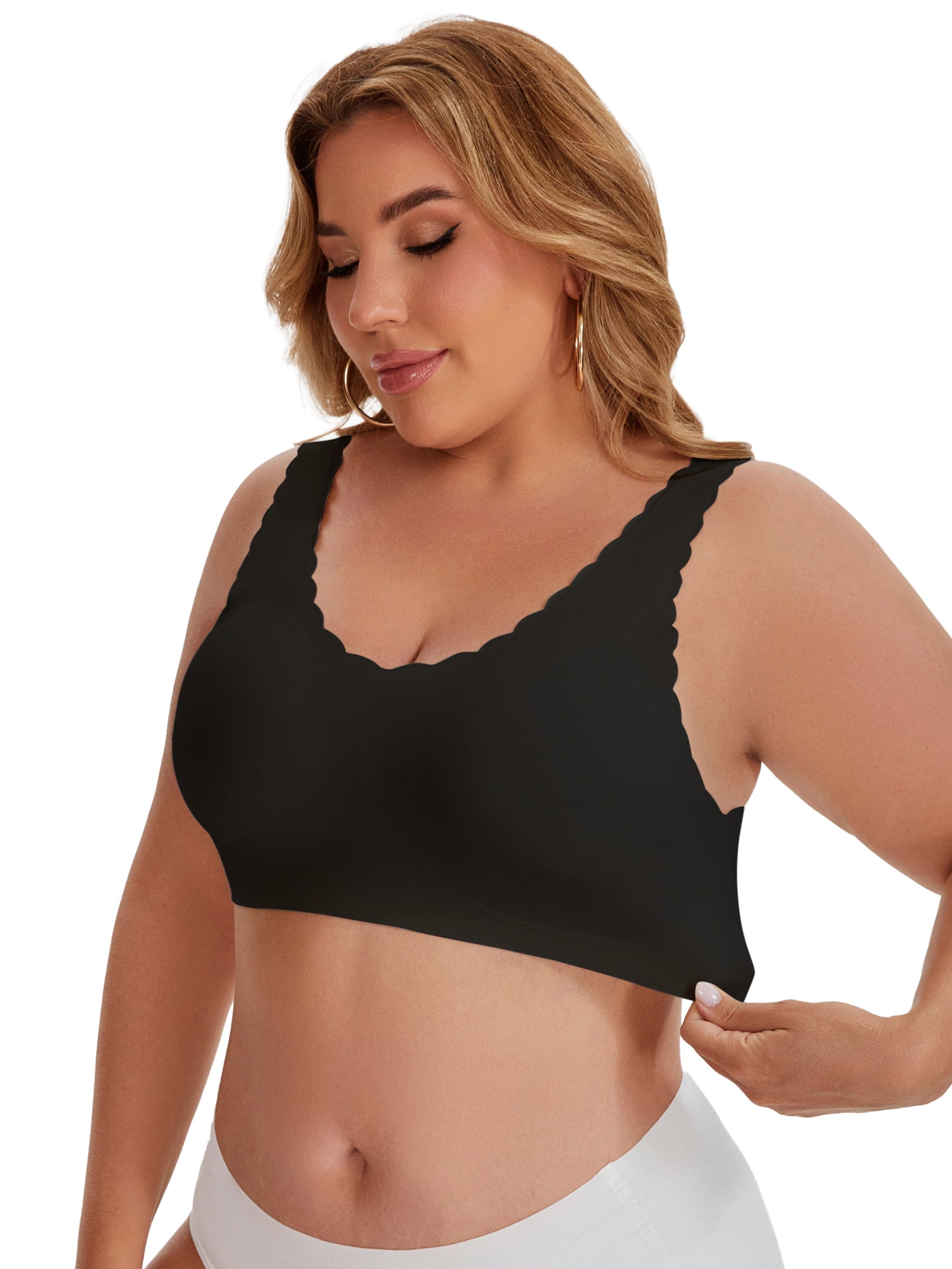 DARING DIVA Women's Plus Size Bras Waved Edge Wireless Push Up Tshirt Bralettes 3XL Black