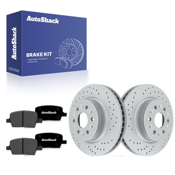 AutoShack Rear Vented Drilled & Slotted Coated Brake Rotors Silver Matte Finish   Premium Ceramic Pads 6-PC Brake Kit Replacement for 2017-2020 GMC Acadia 2020 Cadillac XT6 TurboGuard 12.4" (315 mm)