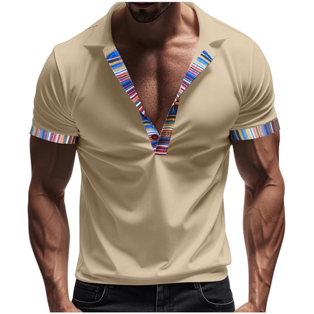 Blusa y camisa de manga corta con cuello vuelto para hombre, informal, de verano, de poliéster, con cuello vuelto y retazos.