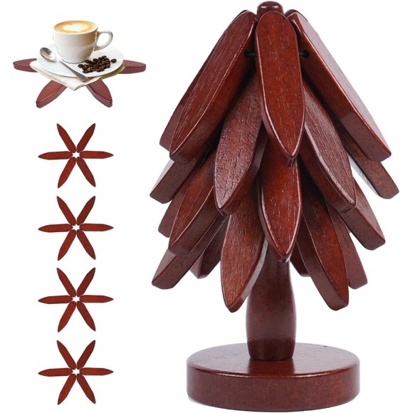 Wooden Trivets for Hot Dishes Tree Shape Trivet Set 4 Wooden Tree Coasters+1 Stand,Folding Tree Wooden Trivet,Suitable for Pots、Teapots、Bowls、Fondue Holders(Black Walnut)