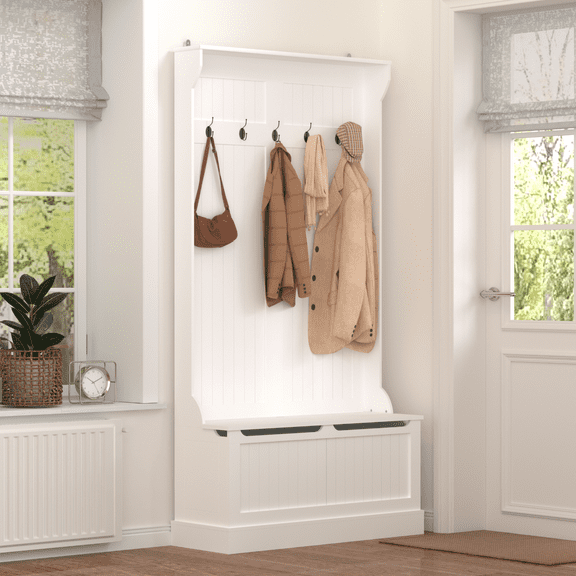 Oufan 70.9" Tall 3-in-1 Hall Tree with Storage Bench, Wooden Rustic Coat Rack with 5 Hooks Hooks & Drawer, Multifunctional Coat Rack for Entryway, White