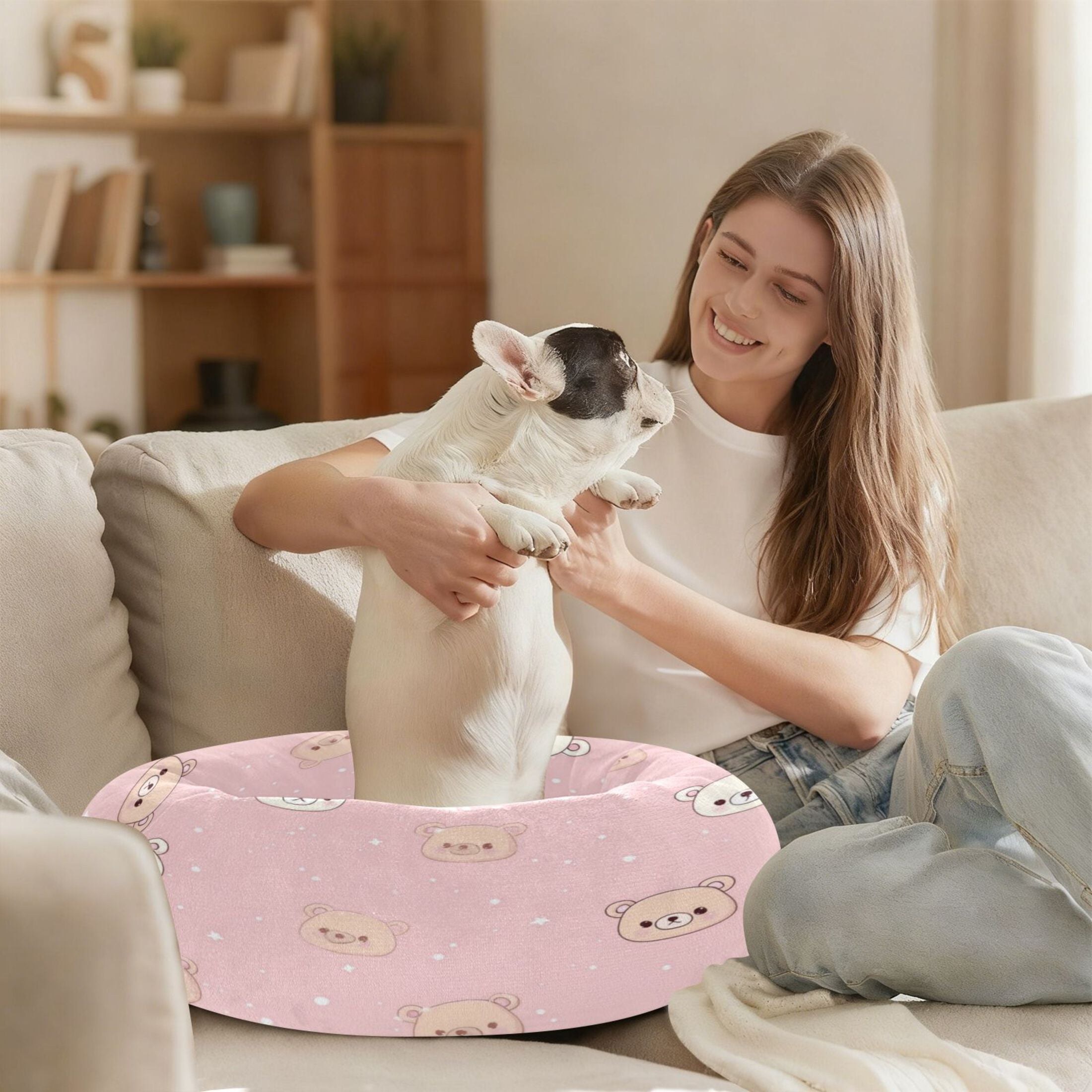 Iauyy Pet Couch Donut Cat Bed for Indoor Cats/Small Dogs Washable & Machine with Non-slip Bottom Calming Cat Furniture, Face Of The Little Bear (M)