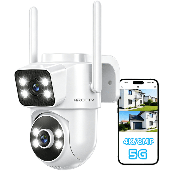 ARCCTV Indoor/Outdoor 4K Smart Security Camera 2.4G&5G WiFi with Dual Lens,Night Vision,24/7 Record, 2 Way Talk, Motion Tracking, Waterproof