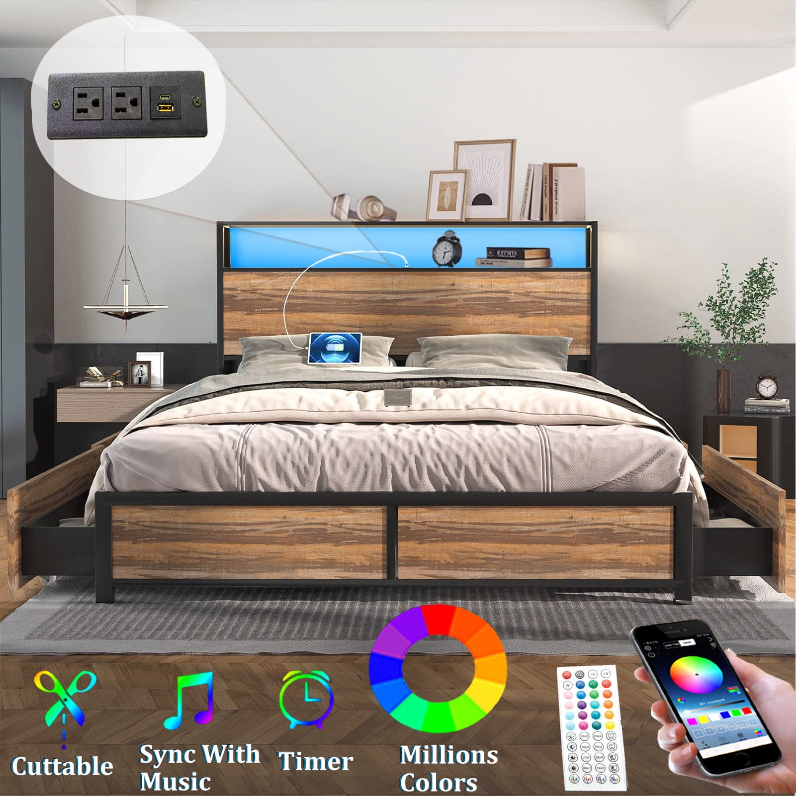 Full LED Bed Frame with Storage 2 Tier Headboard and 4 Drawers