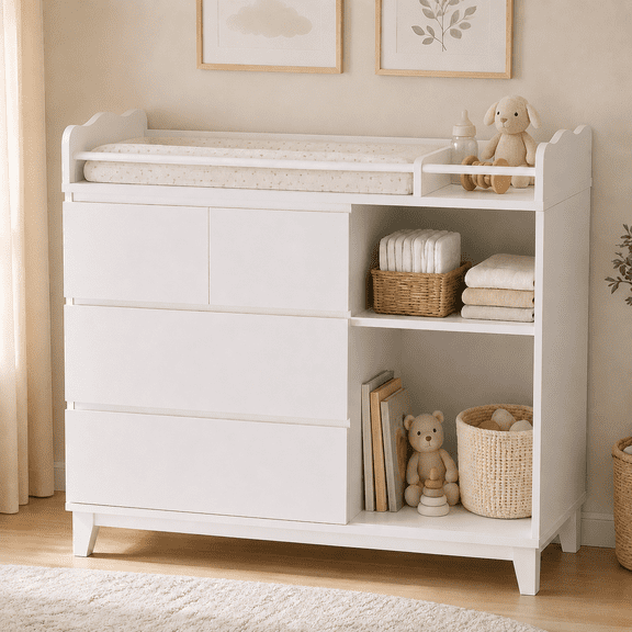 Laisnet Changing Table Dresser, Baby Diaper Changing Station with 3 Drawers and Changing Pad, Wood Nursery Chest for Infant Toddler, White