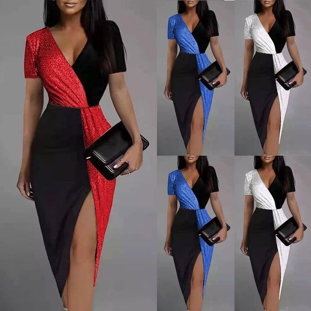 Gspmoly Robe d'Été, Mode Femme Aguichant Décontractée Fesses Col en V Patchwork Robe à Manches Courtes Robe de Cocktail Offres Prime
