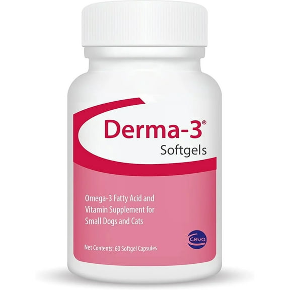 Derma-3 Softgels for Small Breed Dogs Cats 60 Caps Support Healthy Skin Coat