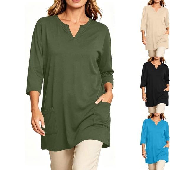 Women's Plus 3/4 Sleeve Tunic Tops Notch V Neck Flowy Blouses Loose Fit Long Shirts with Pockets to Wear with Leggings Office Daily Wear, Army Green, L