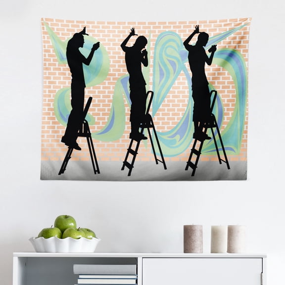 Urban Graffiti Tapestry, Anime Themed Style Cartoon and Speech Bubble on Beam Background, Fabric Wall Hanging Decor for Bedroom Living Room Dorm, 2 Sizes, Multicolor, by Ambesonne