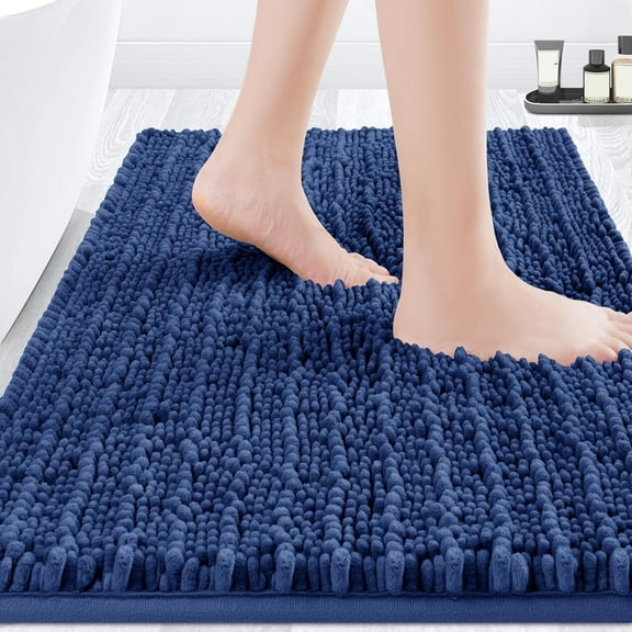 GUCADS-Upgrade Luxury Denim Blue Bathroom Rug Mat 24"x17", Ultra Soft Thick Absorbent Bath Mats, Non Slip Chenille Toilet Mat for Bathroom, Bedroom, Kitchen, Shower, Tub