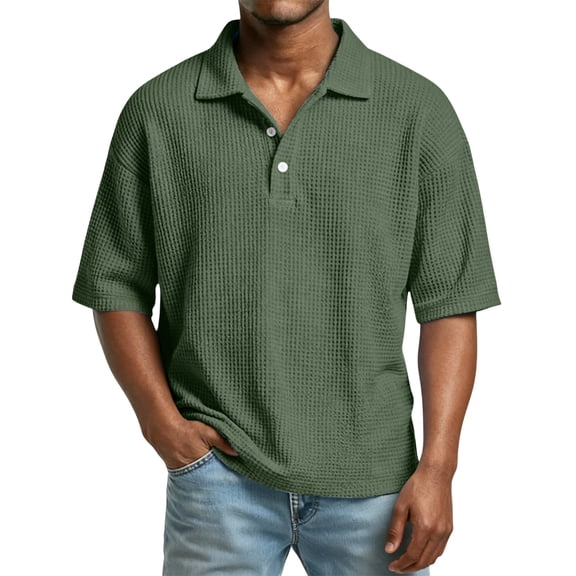 Dwellite Waffle Short Sleeve Polo Shirts for Men Big and Tall Golf Shirt Casual Solid Color Collared T Shirts Tops Army Green S