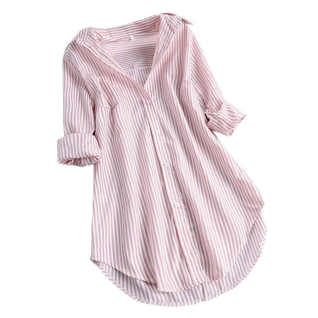 2025 Femmes Chemises à Rayures Longues d'Haltérophilie Manches Longues Col Rabattu Bouton Coton T-Shirts à Manches Longues pour Femmes Haut Ample Chemises Blouse
