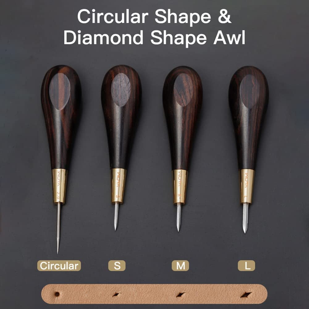 ABPETE  Stitching Awl Diamond Shape Awl Ebony Blackwood Handle Leather Craft Sewing Awl Kits Handmade Sewing Tools DIY Stitcher Taper(One Set)