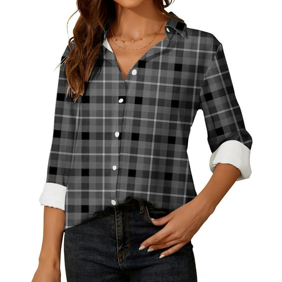 Aobny Soft Womens Shirts Gray Formal Long Sleeve Plaid V-Neck Button Down Blouse Juniors Shirts 2024