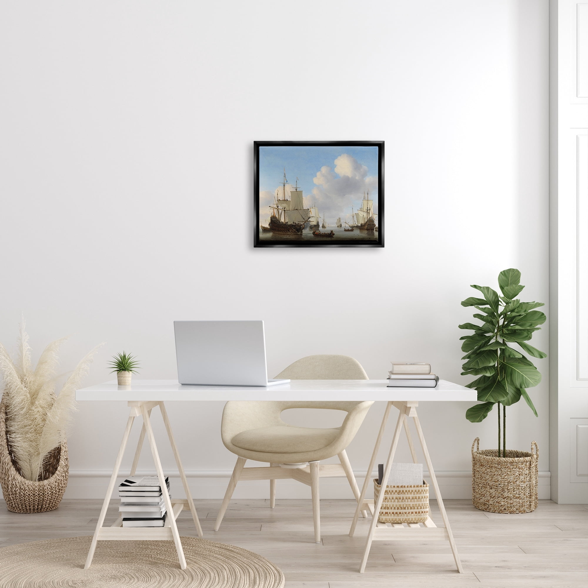 Stupell Industries Dutch Ships at Sea Willem van de Velde Classic Painting Painting Jet Black Floating Framed Canvas Print Wall Art, Design by one1000paintings