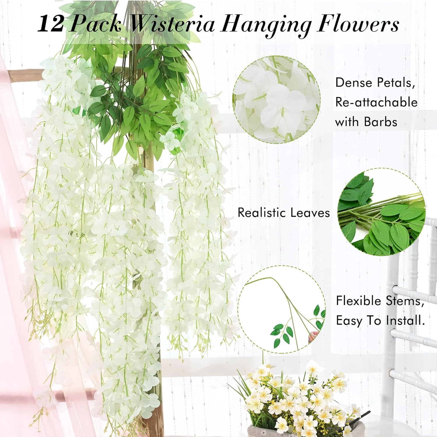 Wisteria Hanging Flowers, 3.6 Feet/Pcs Pink Wisteria Artificial Flowers, Fake Wisteria Flowers Garland, Hanging Wisteria Vines for Bedroom Wedding Home Party Wall Decoration