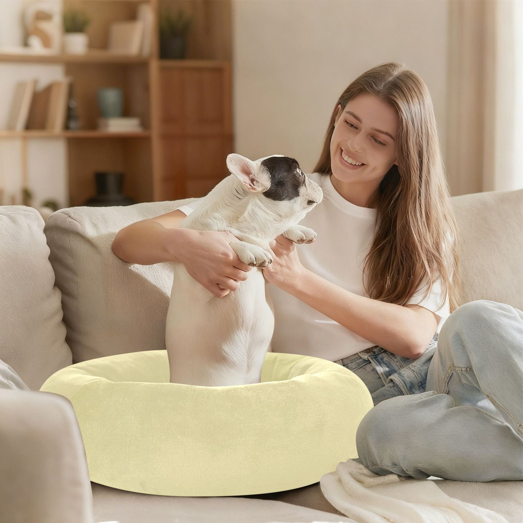 Iauyy Pet Couch Donut Cat Bed for Indoor Cats/Small Dogs Washable & Machine with Non-slip Bottom Calming Cat Furniture, Broad Pale Yellow (M)
