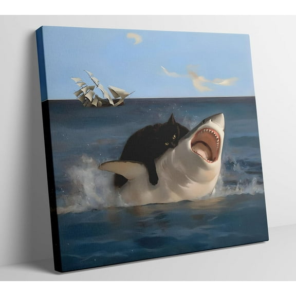 Aaheei Funny Cat Canvas Wall Art Renaissance Black Cat vs Shark Painting Picture Wall Decor Eclectic Cat and Shark Poster Print Artwork for Bathroom Living Room Bedroom Home Decoration