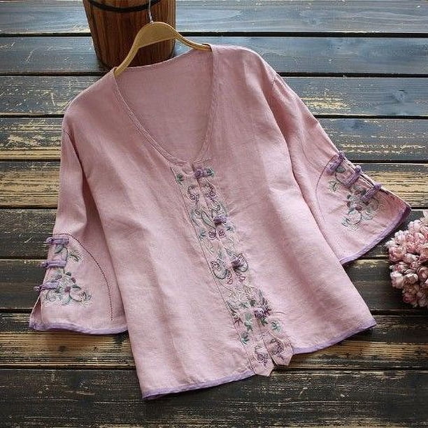 Camisetas de lino y algodón para mujer, ropa bordada de estilo chino, informal, elegante, moda de verano