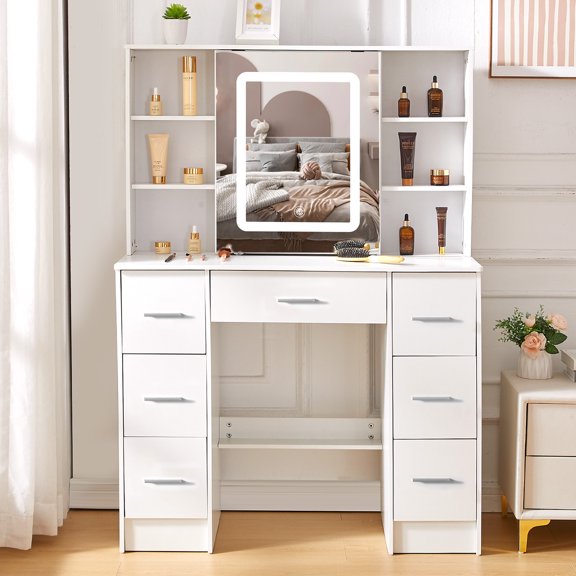 Ciumeeo Vanity Desk with Lighted Mirror, 3 Modes & Adjustable Brightness Lights, Makeup Vanity with 7 Drawers & 6 Shelves for Bedroom, White