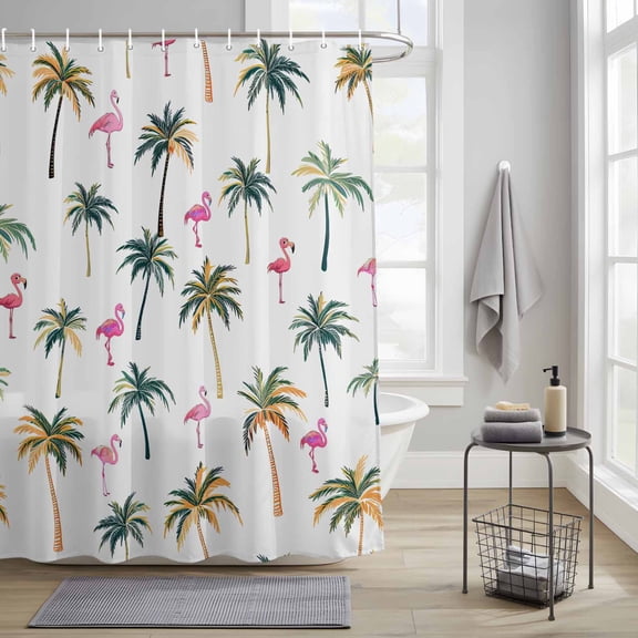Bathroom Shower Curtain Pink Flamingo Palm Trees on White Waterproof Shower Curtains with Hooks, Summer Beach Bath Curtains Bathtub Curtain Home Decor 36x72in