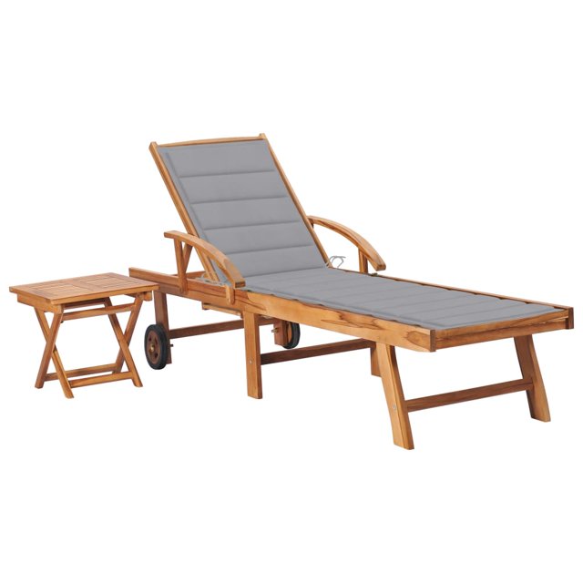 vidaXL Chaise Longue avec Table et Coussin en Bois de Teck Massif