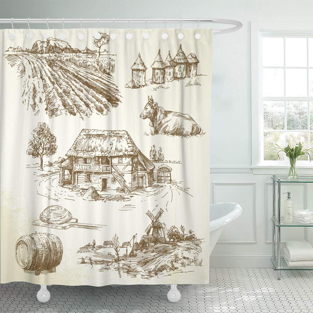 KSADK Farm Rural Landscape Old Village Sketch House Tree Vintage