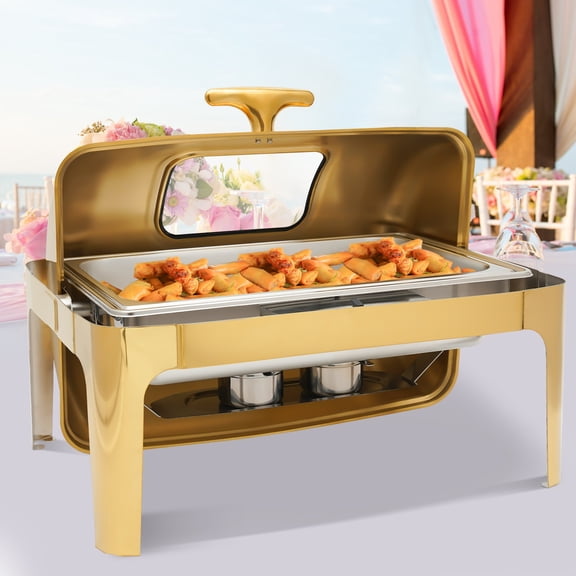 9L/9.5Qt 64*50*45cm Commercial Electric Chafing Dish Set Rectangular Gold Stainless Steel Buffet Server & Warmer