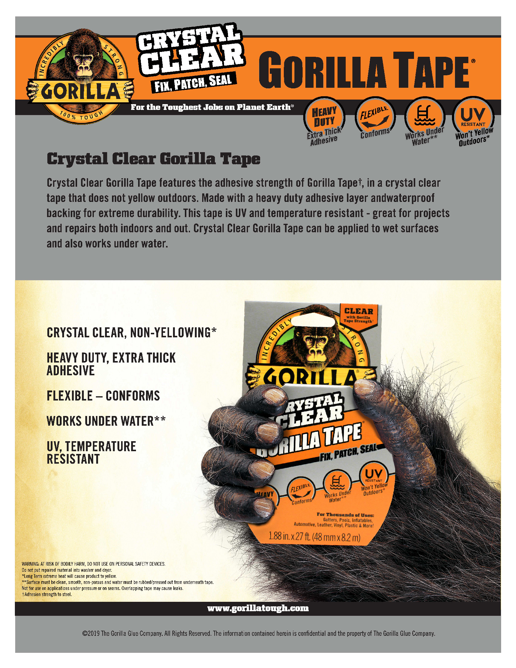 Gorilla Tape, Crystal Clear Duct Tape, 1.88" x 9 yd, Clear, (Pack of 6) - image 3 of 10