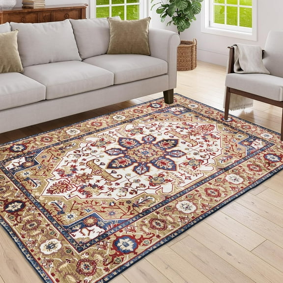 5 x 7 Area Rugs for Living Room,Machine Washable,Boho Faux Wool Low Pile Area Rug for Bedroom,Floral Carpet with Non-Slip for Bedroom,Gold