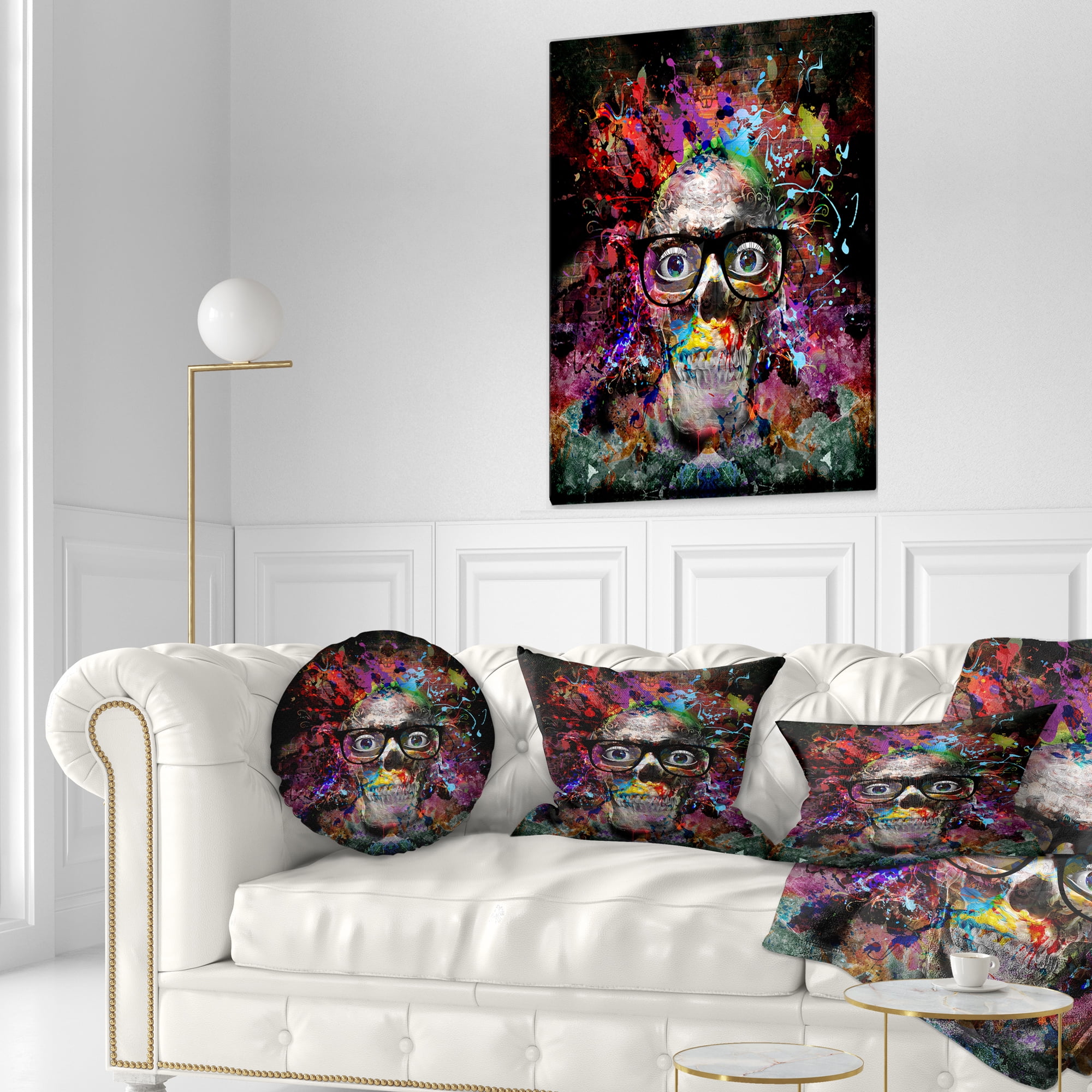 Designart Colorful Human Skull with Glasses - Abstract Throw Pillow - 12x20