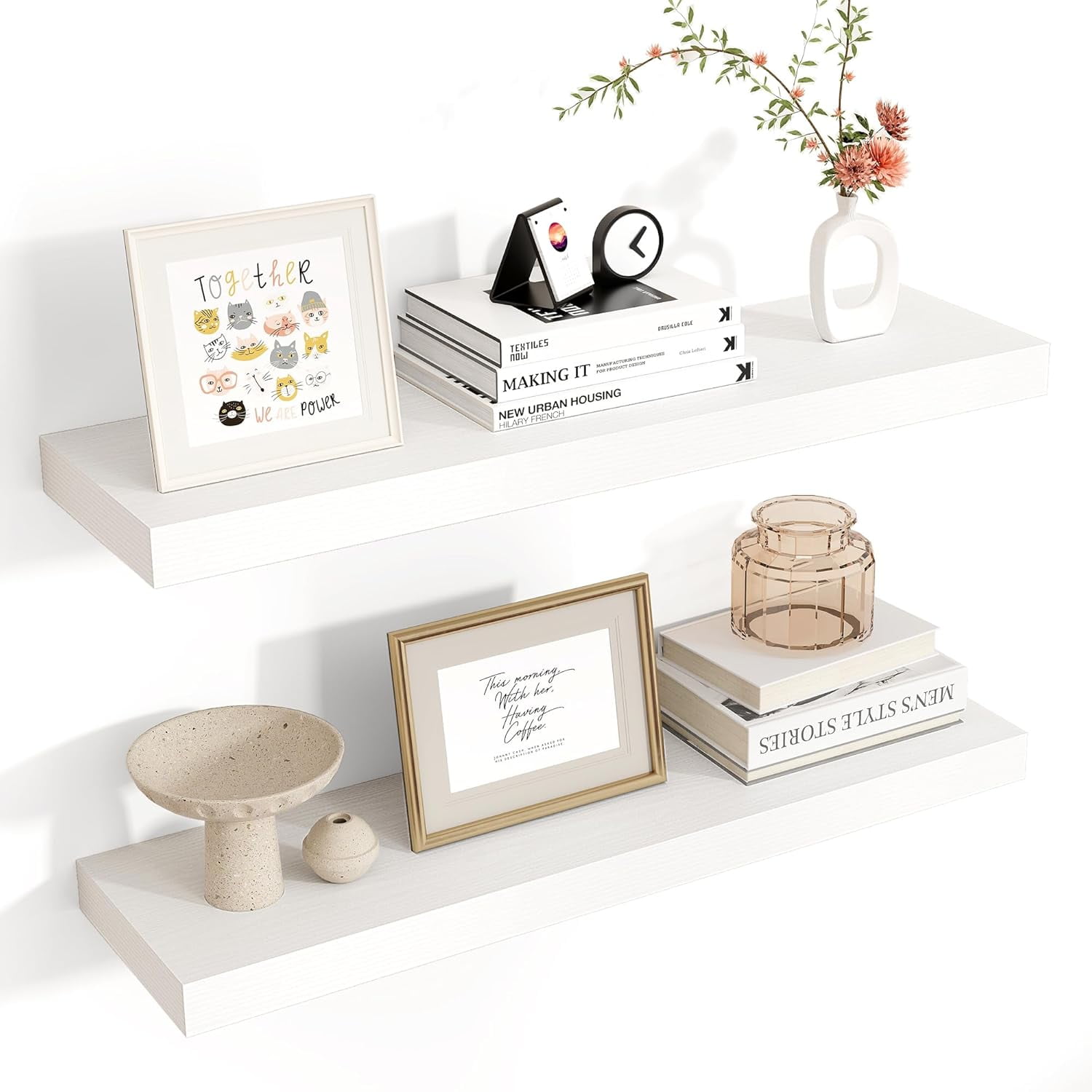 Floating Shelves for Wall, Large Wall Mounted Shelves with Invisible Brackets, Long Wood Floating Wall Shelf Shelves for Living Room, Bedroom, Kitchen, Bathroom Decor (White, 48" W x 9" D x 1.5" H)
