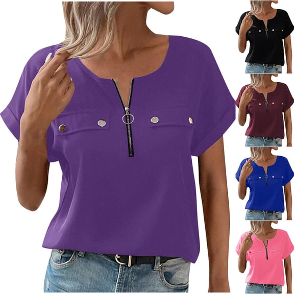 YHAJDS Plain Tshirts for Women Short Sleeve V Neck Solid Color Pullover Blouse Casual Summer Shirt