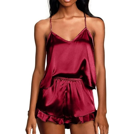 

Womens Silk Satin Two-Piece Pajamas Sets V Neck Camisole Ruffled Shorts Sets Sleepwear Lounge Set Nightwear