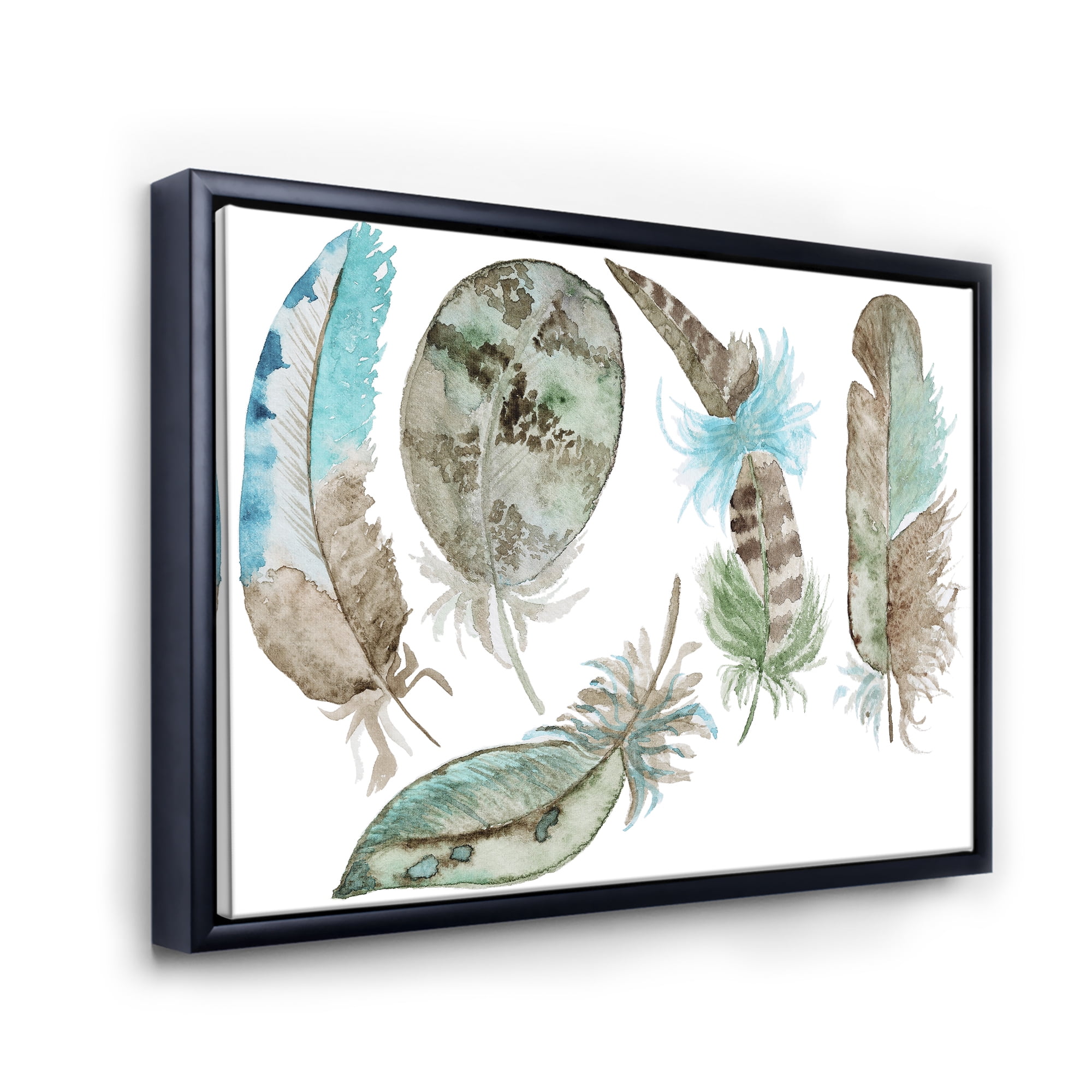 Designart 'Green Feathers Set On White' Bohemian & Eclectic Framed Canvas Wall Art Print
