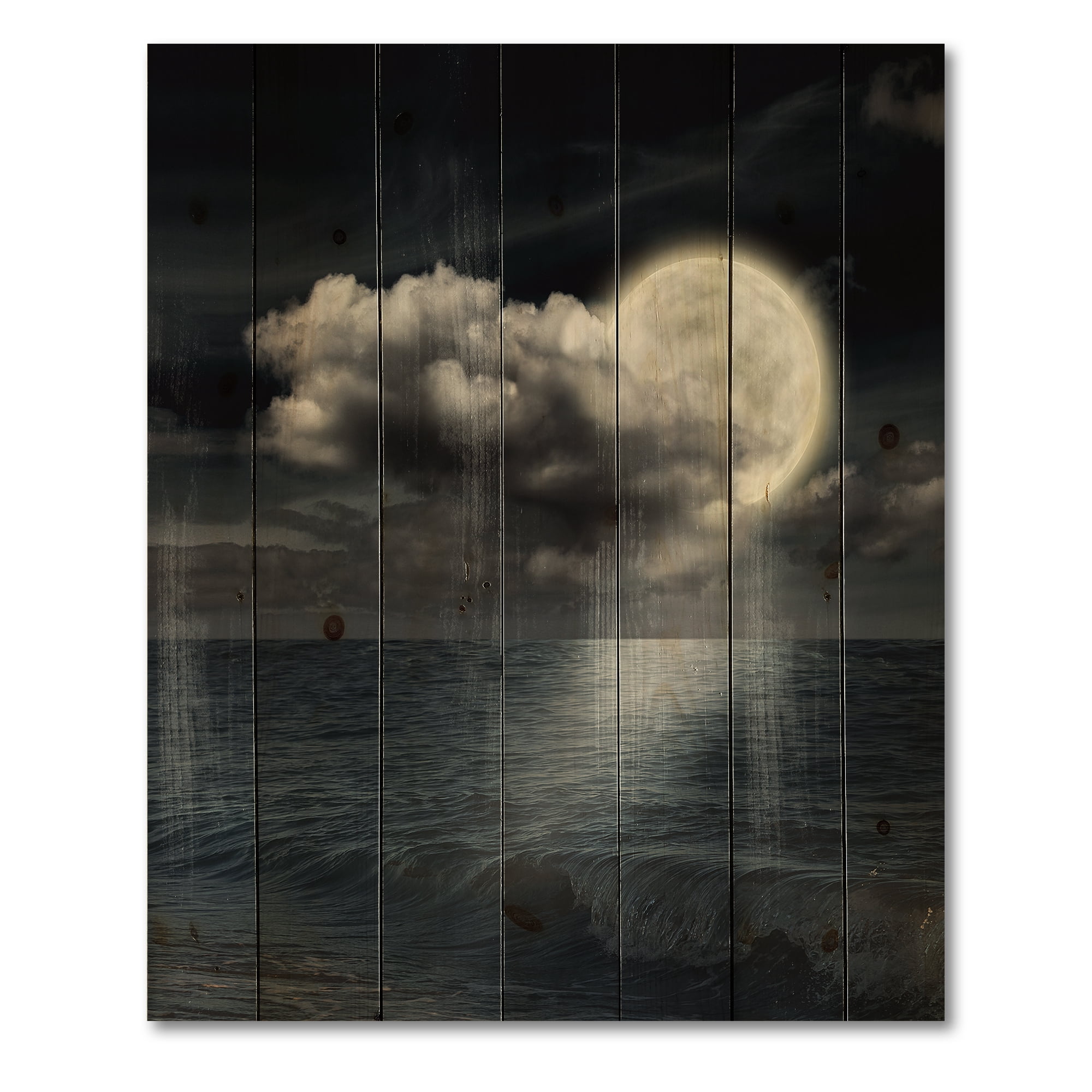 Designart 'Full Moon Night in Cloudy Sky VI' Nautical & Coastal Print on Natural Pine Wood