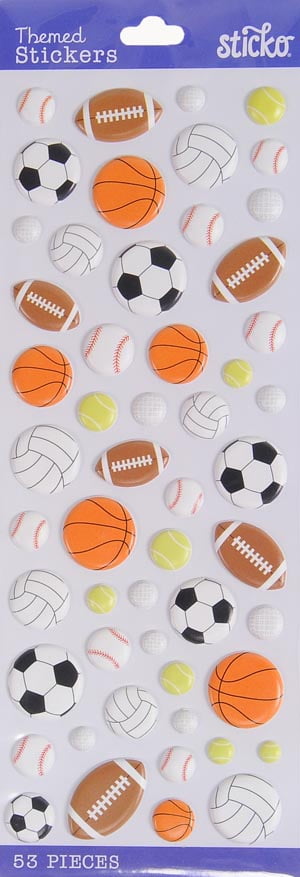 Sticko Classic Multicolor Puffy Sports Balls Solid Vinyl Stickers, 53 Piece