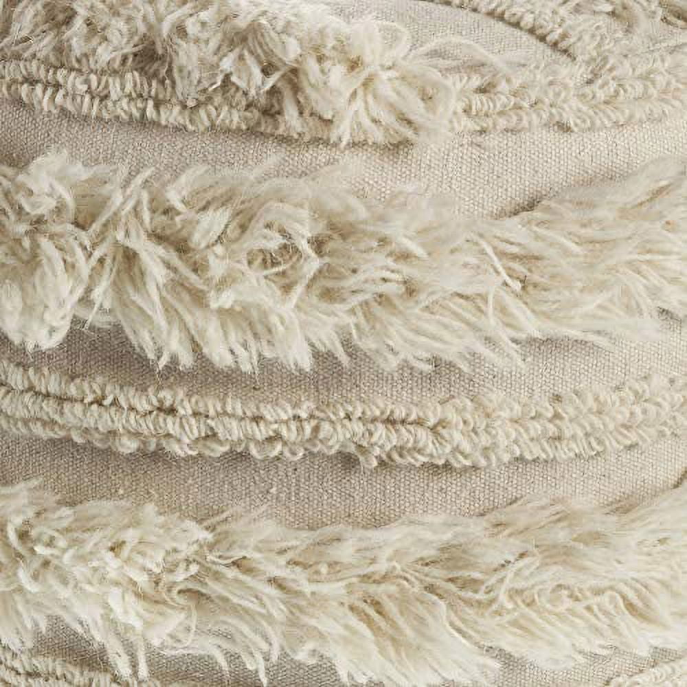 LR Home Alice Round Ivory Striped Shag Indoor Small Pouf Ottoman, 14" H x 18" W