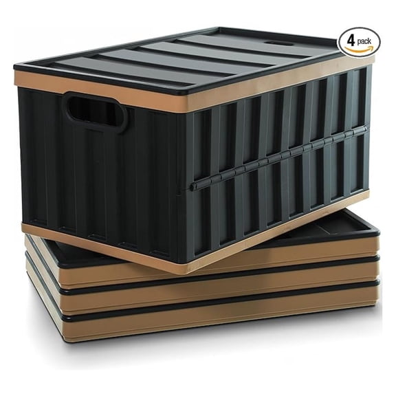 64L Collapsible Storage Containers with Lids 4 Pack - Plastic , Stackable Utility Crates for Garage, Home, Heavy Duty Organizing
