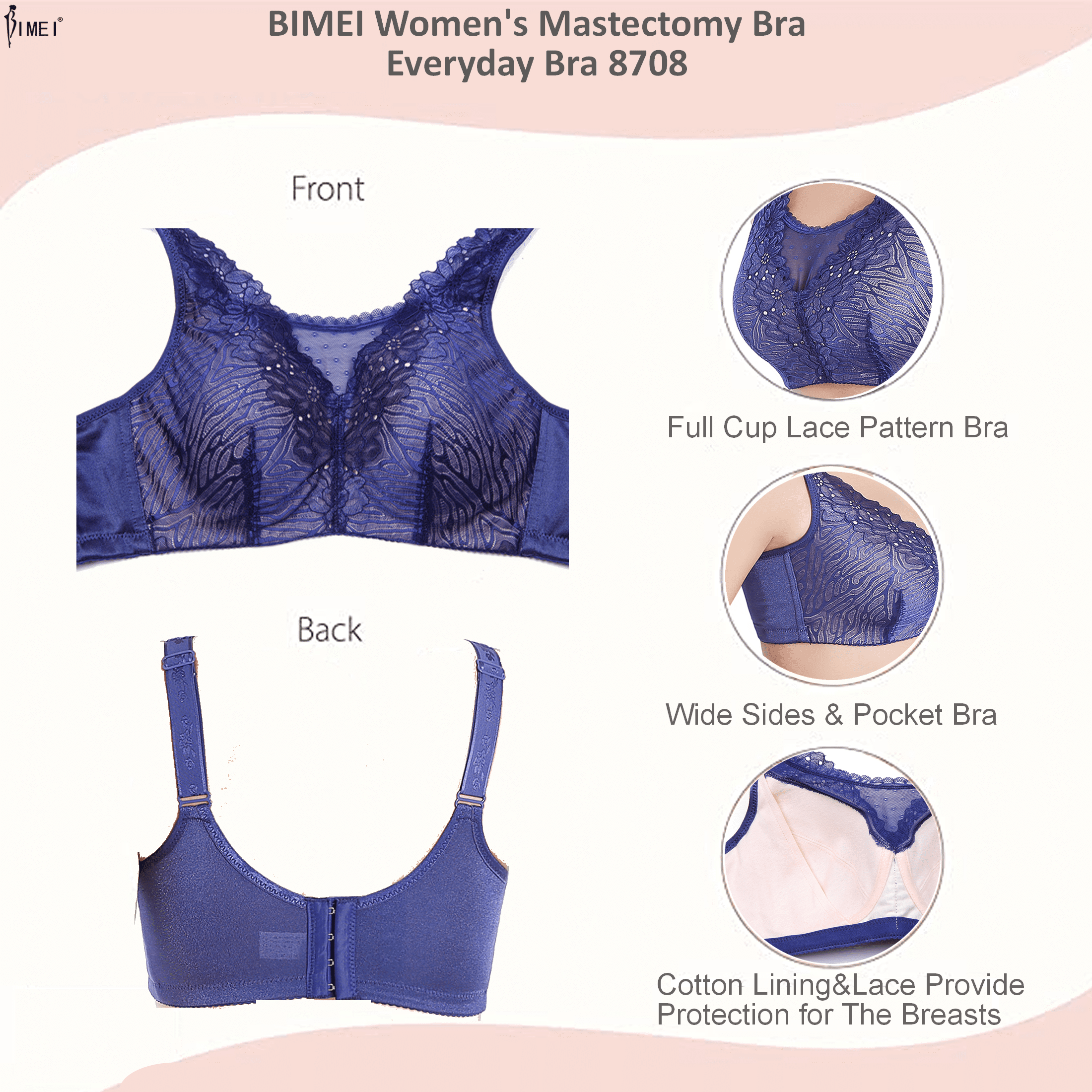 BIMEI Women's Mastectomy Bra with Pockets for Breast Prosthesis Wire Free  Fashion Everyday Bra Plus Size 8101,Beige,38D