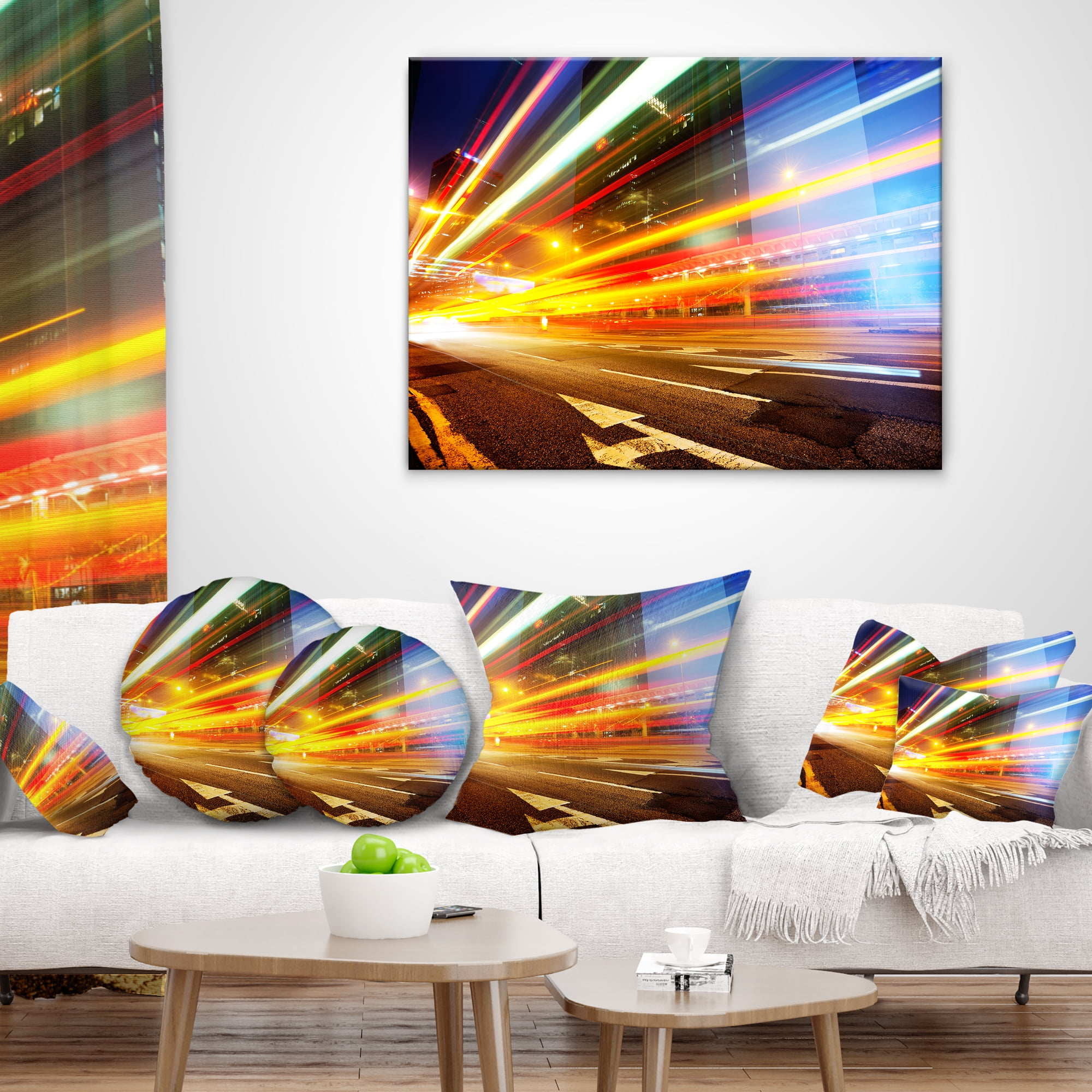 Designart Car Light Trails in Hong Kong - Cityscape Photo Throw Pillow - 18x18