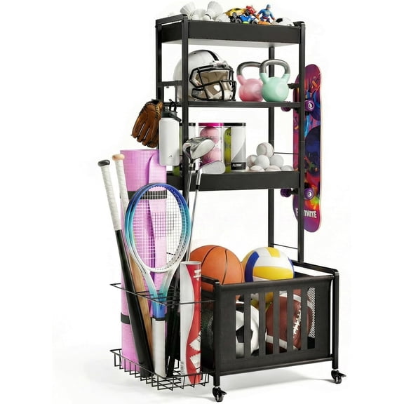 Sports Equipment Organizer, Ball Storage Rack for Garage, 4-Tier Indoor/Outdoor Rolling Ball Carts with Wheels for Toy Sports Gear Storage, Black