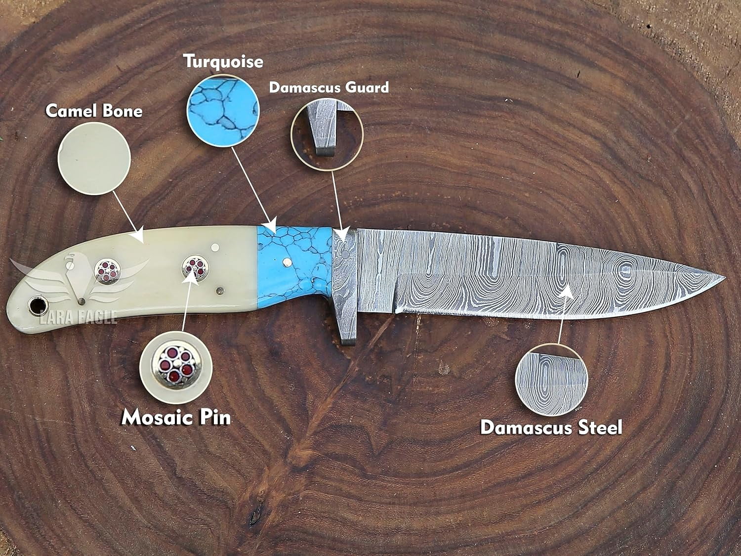 Handmade Damascus Steel Hunting Knife with Cowhide Leather Sheath – Turquoise & Camel Bone Handle - Ideal for Hunting, Camping, Outdoor – Gift for Husband, Father’s Day