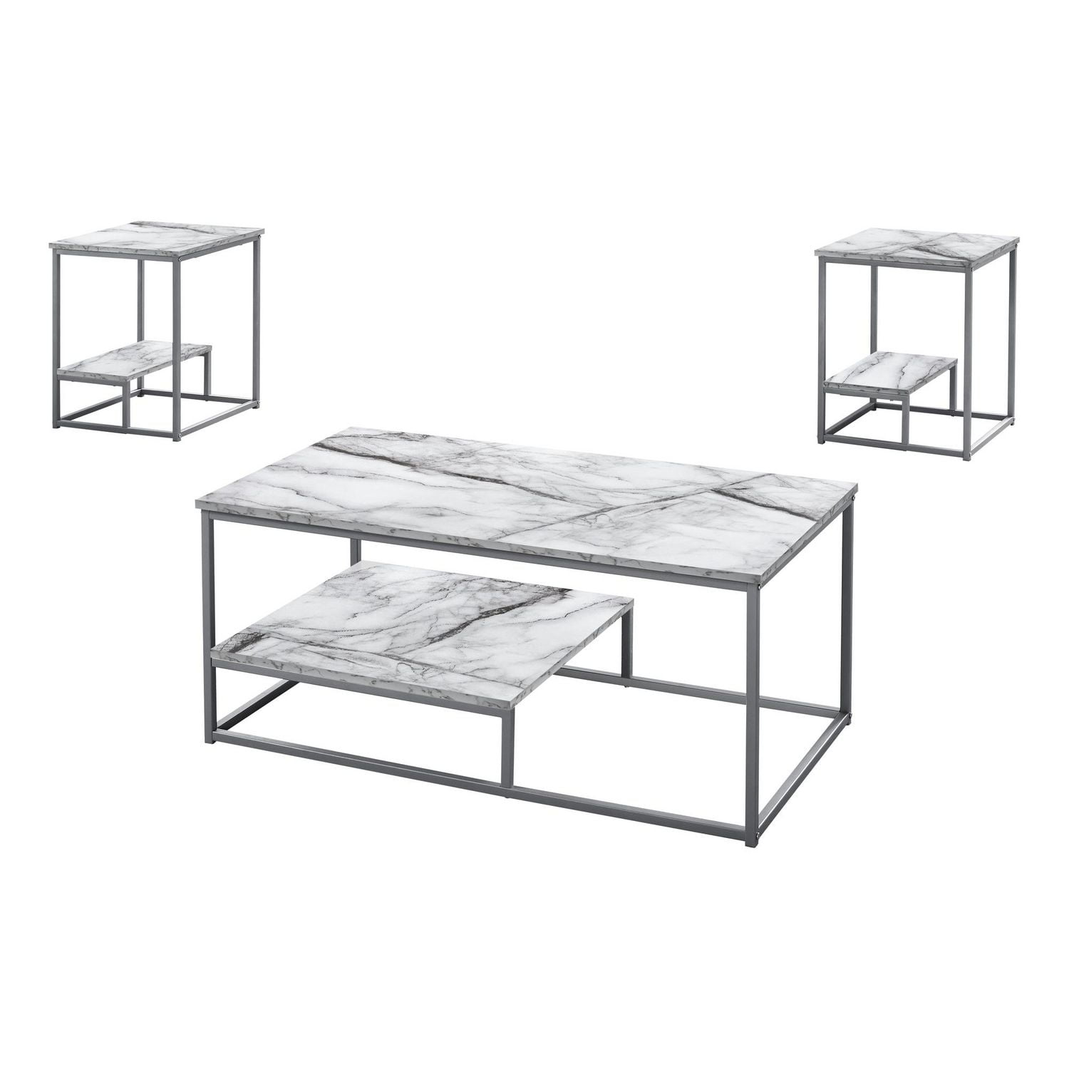 Monarch Specialties Table Set, 3pcs Set, Coffee, End, Side, Accent, Living Room, Metal, Laminate, White Marble Look, Grey, Contemporary, Modern