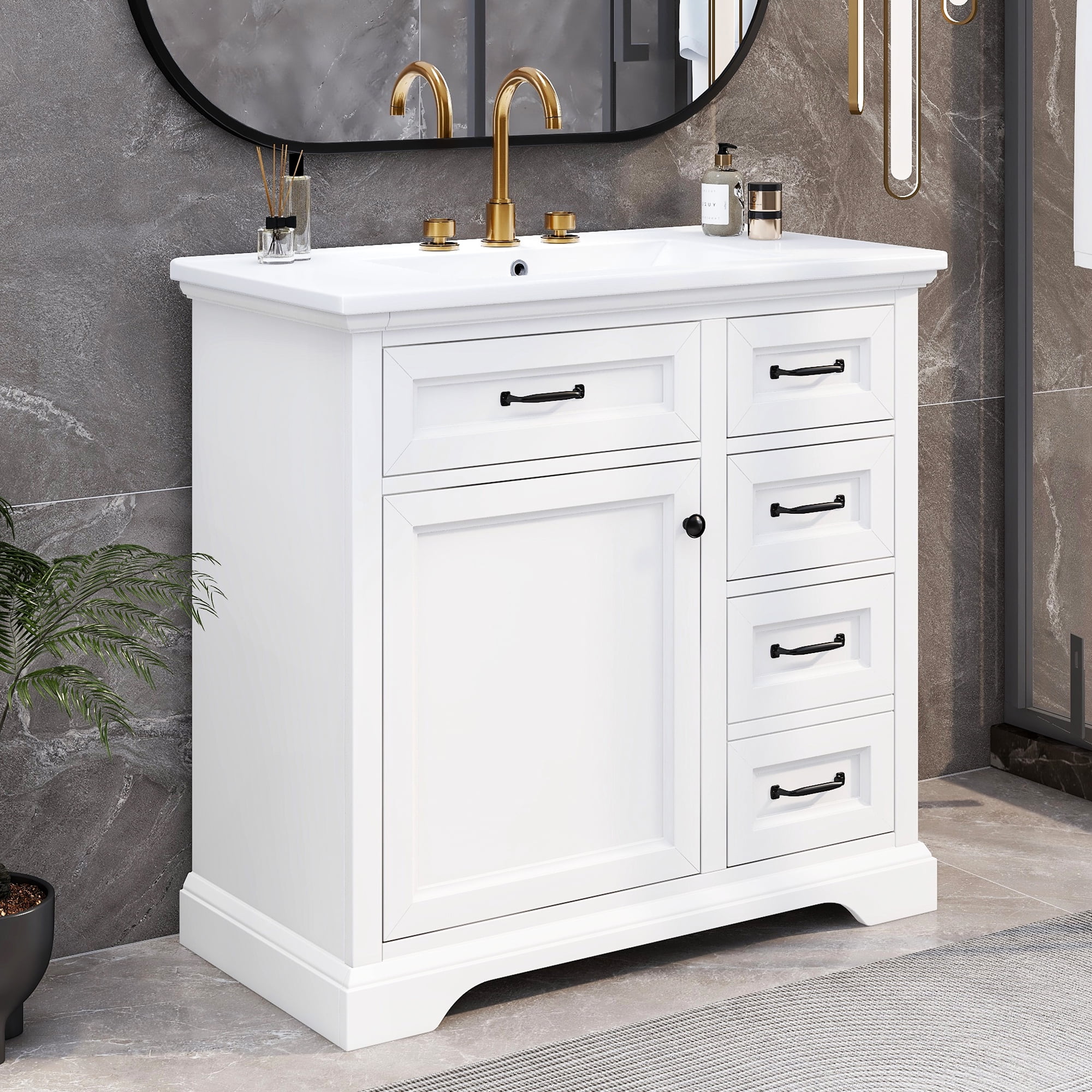Euroco 36" Bathroom Vanity with Sink, Ceramic Sink, 2 Tip-out Drawers, Soft Close Door Hinges