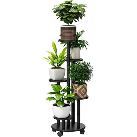 Plant Stand For Outdoor Indoor Tall Bamboo Flower Stand with Wheels Plant Shelf Pot Holder Plants Corner Display Rack for Balcony Garden Patio(Black)