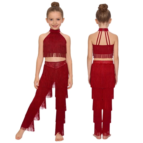 iiniim Girls 2 Piece Professional Ballroom Latin Dance Outfit Fringe Crop Top and Layered Tassel Pants Set Burgundy 16